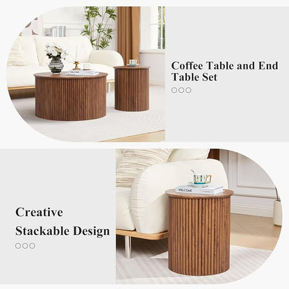 Fluted Round Nesting Coffee Table Set of 2, Mid Century Modern Wood Coffee Tables and End Table Set, Circle Side Table Minimalist Center Tables for Living Room, Office(Walnut)