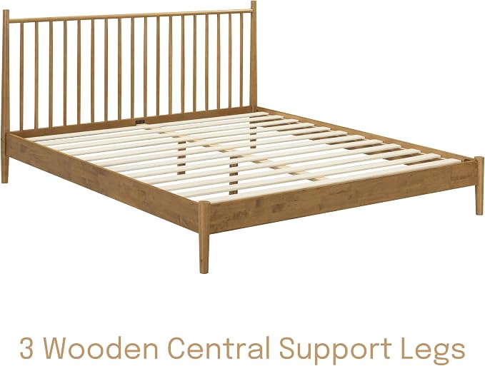 NTC Inno Wooden Bed Frame with Headboard, Solid Oak and Rubber Wood Foundation with Silent Slats and Wood Central Supports, 1000 Lb Capacity, Effortless Assembly, King - Teak Look