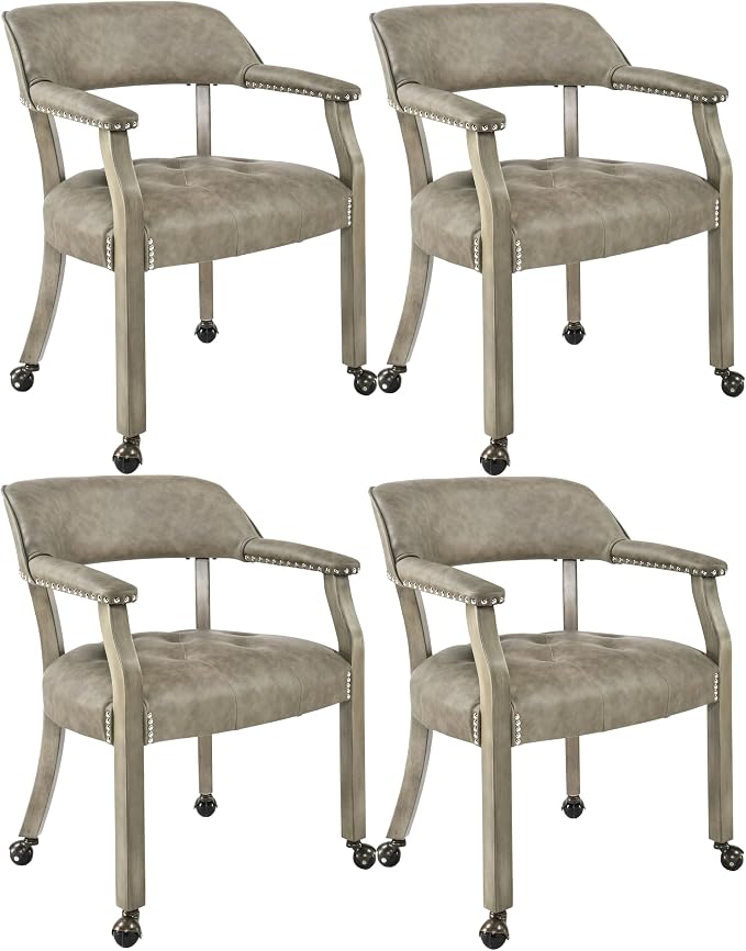 LEEMTORIG Set of 4 Dining Chairs with Casters and Arms, Large Rolling Dining Chairs with Wheels, Accent Poker Table Chairs, Solid Wood Boss Caption's Chairs Office Desk Chairs, Soft Grey SY-1318-UA