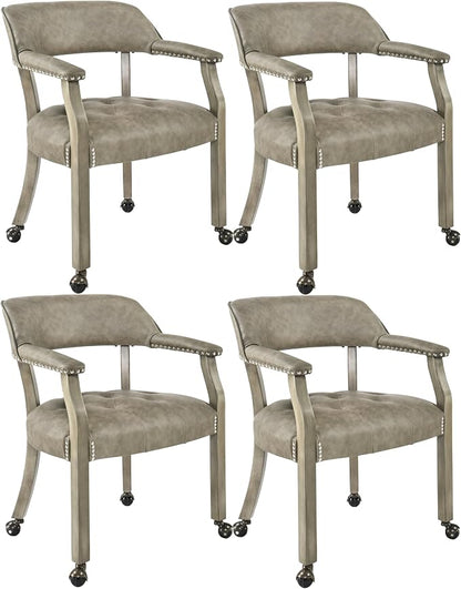 LEEMTORIG Set of 4 Dining Chairs with Casters and Arms, Large Rolling Dining Chairs with Wheels, Accent Poker Table Chairs, Solid Wood Boss Caption's Chairs Office Desk Chairs, Soft Grey SY-1318-UA