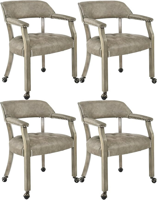 LEEMTORIG Set of 4 Dining Chairs with Casters and Arms, Large Rolling Dining Chairs with Wheels, Accent Poker Table Chairs, Solid Wood Boss Caption's Chairs Office Desk Chairs, Soft Grey SY-1318-UA