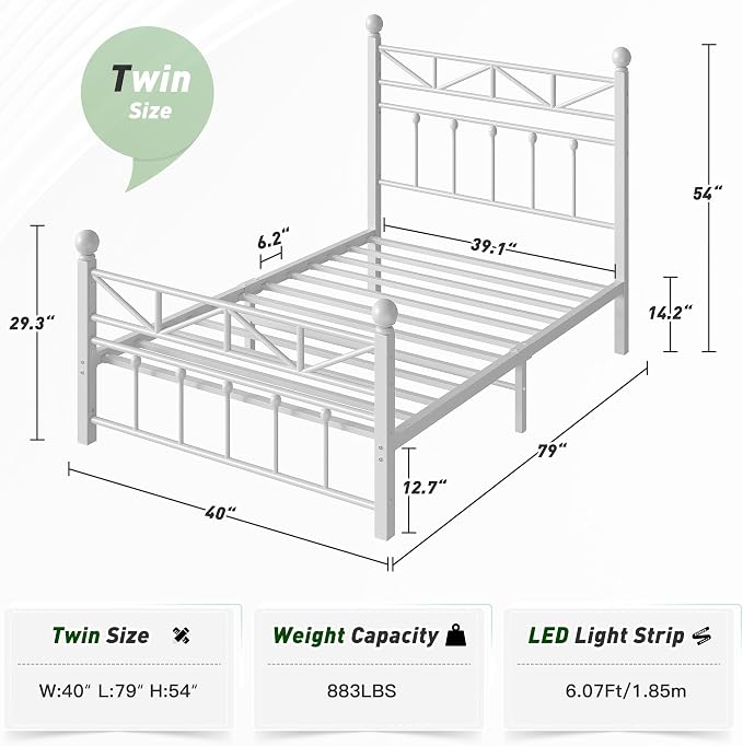 EnHomee 14.2" Metal Twin Bed Frames with Tall Headboard & Footboard, LED Light Twin Bed Frame, Strong Slats Support and Noise-Free Design with Under Bed Storage/No Box Spring Needed/White