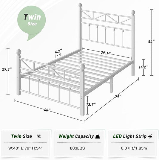 EnHomee 14.2" Metal Twin Bed Frames with Tall Headboard & Footboard, LED Light Twin Bed Frame, Strong Slats Support and Noise-Free Design with Under Bed Storage/No Box Spring Needed/White