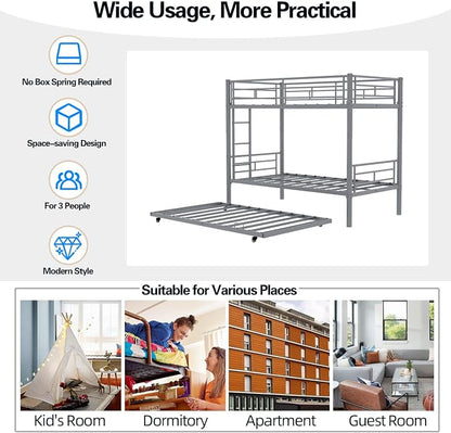 Metal Bunk Bed with Trundle, Space-Saving Bunk Bed Twin Over Twin with Ladders and Safety Guardrail, Heavy Duty Twin Bed Frames, No Box Spring Needed and Noise Free(Silver)