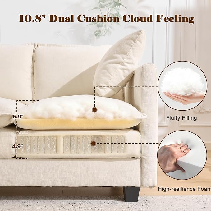 50'' L-Shape Loveseat Sofa with 22" Ottoman, 2 Seat Modern Cloud Couch with 2 Washable Pillows for Small Space Apartment Office Living Room Bedroom, Beige