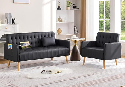 Black Leather Loveseat and Accent Chair, Small Couch w/USB Charging & Pockets, Mid Century Modern Tufted Love Seat and Chair Set, Mini Office Sofa for Living Room, Apartment