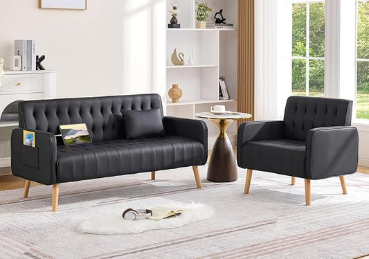 Black Leather Loveseat and Accent Chair, Small Couch w/USB Charging & Pockets, Mid Century Modern Tufted Love Seat and Chair Set, Mini Office Sofa for Living Room, Apartment