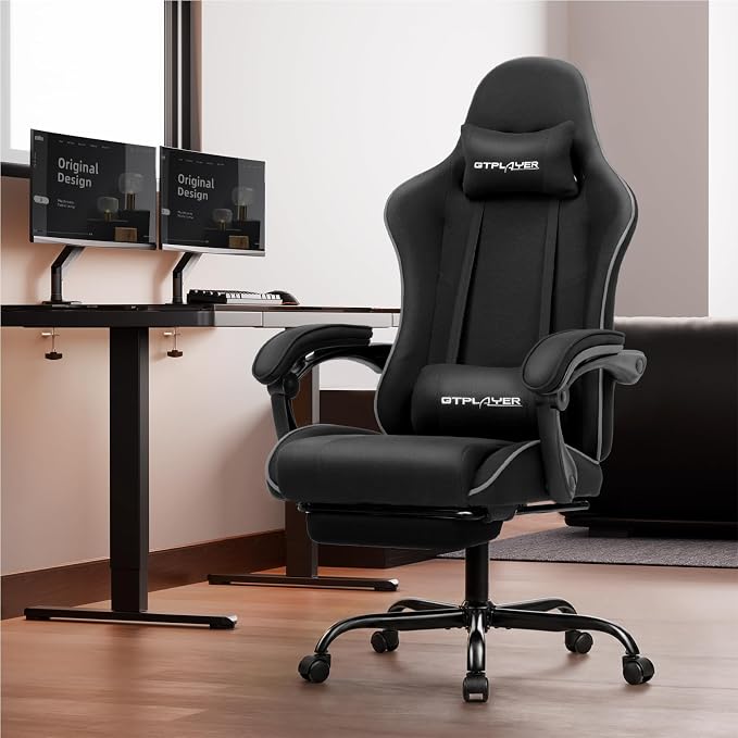 GTPLAYER Gaming Chair with Footrest, Computer Chair with and Lumbar Support, Height Adjustable Game Chair with 360°-Swivel Seat and Headrest and for Office or Gaming (All Black-Fabric)