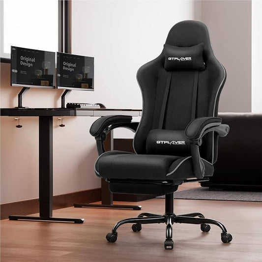 GTPLAYER Gaming Chair with Footrest, Computer Chair with and Lumbar Support, Height Adjustable Game Chair with 360°-Swivel Seat and Headrest and for Office or Gaming (All Black-Fabric)