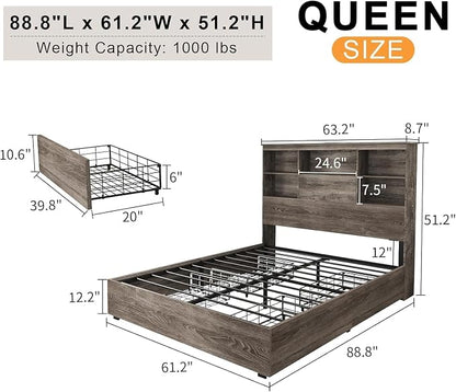 LUXOAK 5-Piece Farmhouse Bedroom Set, 1 X Queen Size Bed Frame, 1 X 5 Drawer Dresser, 1 X Wood Rustic 6 Drawer Storage Dresser, Nightstand Set of 2 with Charging Station, Bedroom Furniture Set, Grey