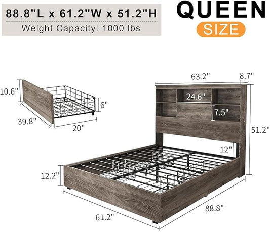 LUXOAK 5-Piece Farmhouse Bedroom Set, 1 X Queen Size Bed Frame, 1 X 5 Drawer Dresser, 1 X Wood Rustic 6 Drawer Storage Dresser, Nightstand Set of 2 with Charging Station, Bedroom Furniture Set, Grey
