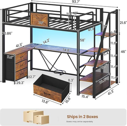 Itaar Stairway Twin Size Loft Bed with L Shaped Desk and Wardrobe, Metal Loft Bed Frame with Storage Stairs, 3 Fabric Drawers, LED Lights & Charging Sation (Rustic Brown, Twin)