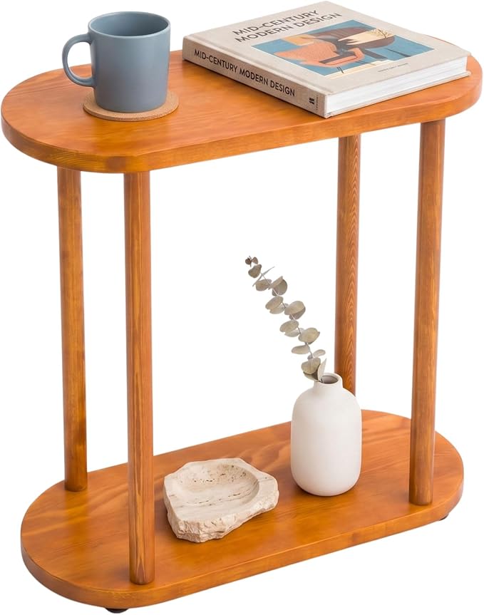 Oval Solid Wood Narrow Side Table, Slim End Table, Small Coffee Table (Chestnut, XLarge)