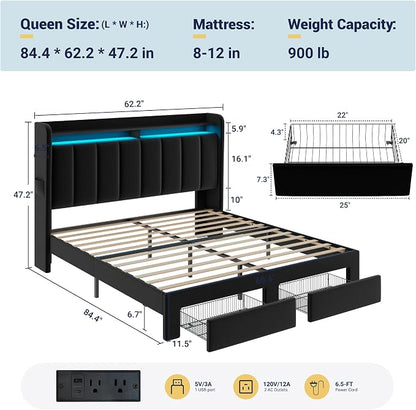 Allewie Velvet Vertical Tufted Queen Upholstered Platform Bed Frame with 2-Tier LED Storage Headboard & 2 Storage Drawers, USB & Type-C Charging Ports, Noise-Free/No Box Spring Needed, Black
