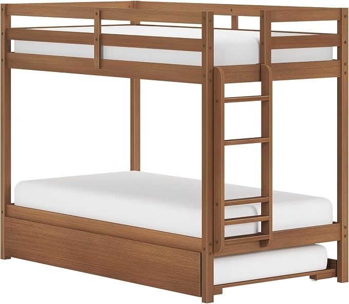 Grain & Grove Bear Twin Over Twin Bunk Bed with Trundle Bed, Sturdy Bunk Bed Frame for Kids, Plywood Bunk with Ladder, Guardrail, and Slats, No Box Spring Required, Oak Embossed Pecan