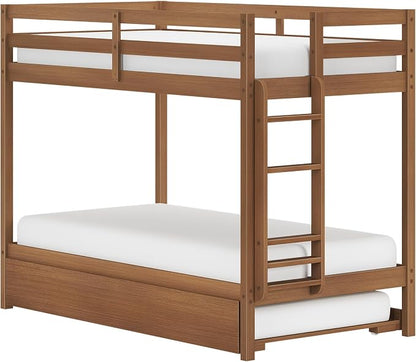 Grain & Grove Bear Twin Over Twin Bunk Bed with Trundle Bed, Sturdy Bunk Bed Frame for Kids, Plywood Bunk with Ladder, Guardrail, and Slats, No Box Spring Required, Oak Embossed Pecan