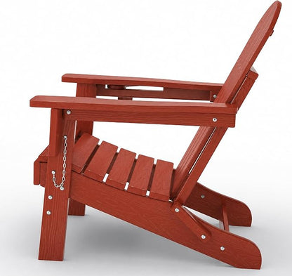 Garvee Folding Adirondack Chair Set of 2 with Side Table, HDPE Outdoor Patio Chair with Cup Holder, All Weather Resistent Wooden Textured for patios, Decks, Gardens, fire Pit, Red