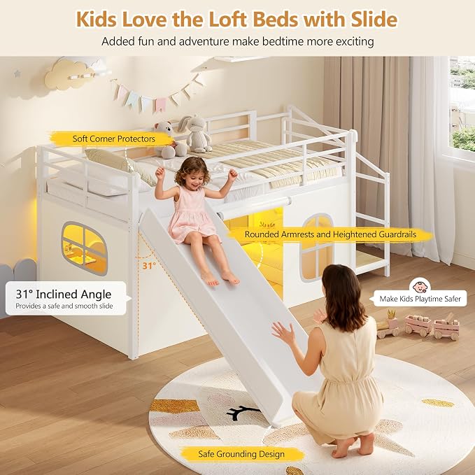 DICTAC Low Loft Bed with Slide,Storage Stairway and Led Lights Metal Twin Size Loft Bed with Under-Bed Play Space,Art Table & Play Curtain Twin Beds with 2 Drawers and 13.8''H Safety Guardrail,White