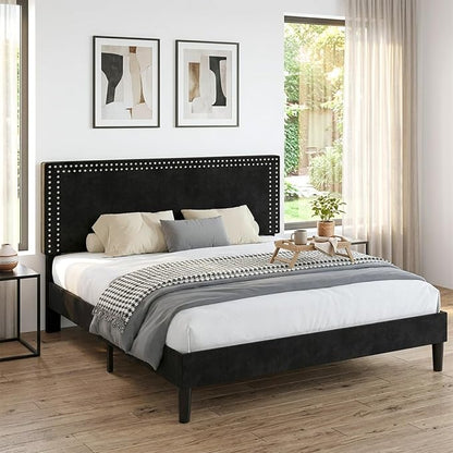 VECELO King Bed Frame with Rivet-Tufted Headboard & Footboard, Upholstered Platform Bed with Wood Slats Support, No Box Spring Needed, Noise-Free, Easy Assembly, Black