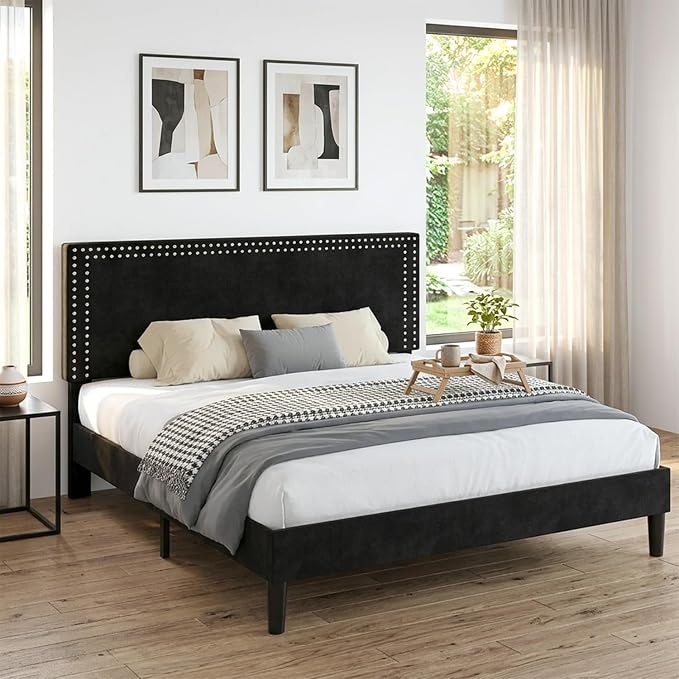 VECELO Queen Size Platform Bed Frame with Height Adjustable Upholstered Headboard, Modern Mattress Foundation,Strong Wood Slat Support, No Box Spring Needed, Easy Assembly,Black