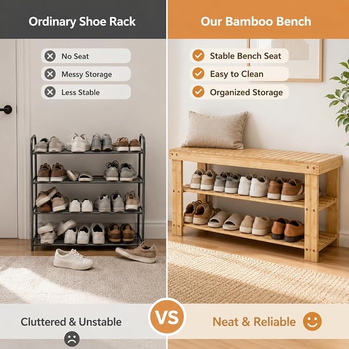 Shoe Rack Bench, 3-Tier Shoe Storage Organizer for Entryway , Shoe Shelf for Small Spaces, Multi-Functional Side Table Plant Stand, Shoe Stand for Bedroom, Living Room, Closet, Front Door, Natural