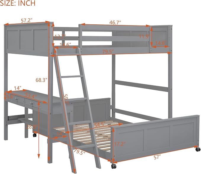 Ball & Cast Full Over Full Bunk Bed with Safty Guardrail & Stairway,Heavy Duty Wood Loft Bedframe W/Desk & Drawers,Easy Assembly,Versatile Functional Bedroom Furniture Set for Boy Girl Teens,Gray