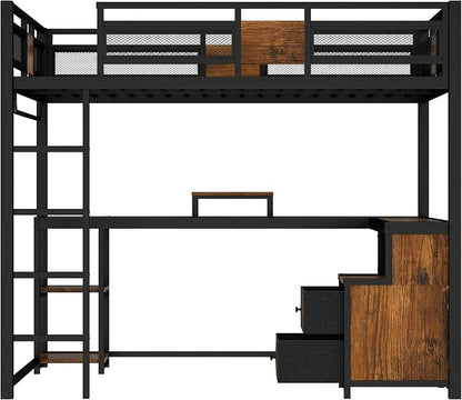 Bellemave Queen Loft Bed with Desk & Storage Fabric Drawers & Shelves, Heavy Duty Metal Frame Loft Bed for Adults & Teens, Space Saving Bed for Apartments & Dorm, No Box Spring Needed, Black