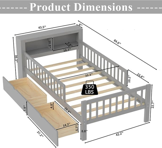Bellemave Kids Twin Bed Frame with Fences, 2 Drawers & Storage Headboard, Twin Size Platform Bed with 3-Side Guardrails for Kids, Girls & Boys, Gray