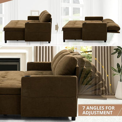 84" L-Shape Reversible Sectional Sofa Bed w/USB Port, Light Brown | Upholstery Sleeper Couch w/Adjustable Backrests & Storage Chaise, Chenille Modern Sofa w/Pull-Out Bed for Living Room
