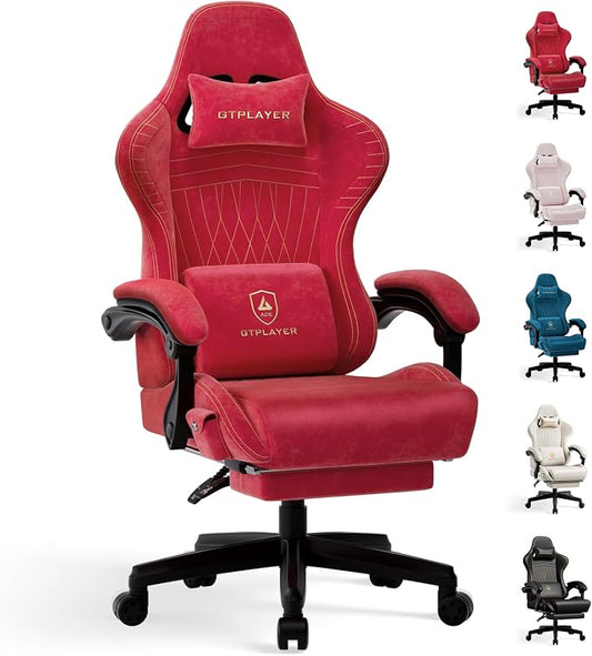 GTPLAYER Gaming Chair with Speakers, Video Game Chairs with Footrest, PC Gamer Chairs for Adults - Padded High Back Ergonomic Reclining Silla Gamer, Linkage Armrest, Ace Pro, Cherry Red（Velvet）