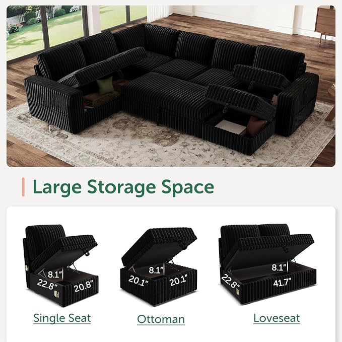 HONBAY Modular Sectional Sleeper Sofa with Pull Out Bed,Corduroy U Shaped Couch with Storage, Sectional Couches for Living Room,Black
