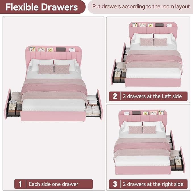 IDEALHOUSE Queen Bed Frame with 2 Flexible Drawers and Bookcase Headboard, Boucle Upholstered Platform Bed for Boys/Girls, Noise-Free, Easy Assembly, No Box Spring Needed, Pink