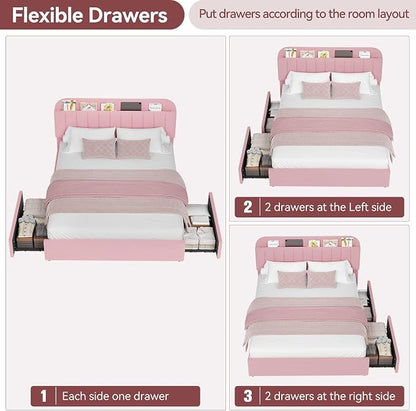 Garvee Full Size Bed Frame with 2 Flexible Drawers, Boucle Upholstered Platform Bed Frame with Bookcase Headboard, Bedframe for Kids/Girls, Easy Assembly, No Box Spring Needed, Noise Free, Pink