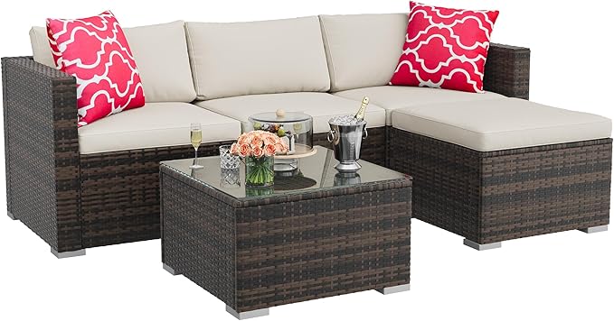 GAOMON 5-Piece All-Weather Patio Furniture Set, Convertible Outdoor Sectional Sofa with Ottoman & Tempered Glass Table, PE Rattan Conversation Set for Garden, Backyard, Porch, Poolside