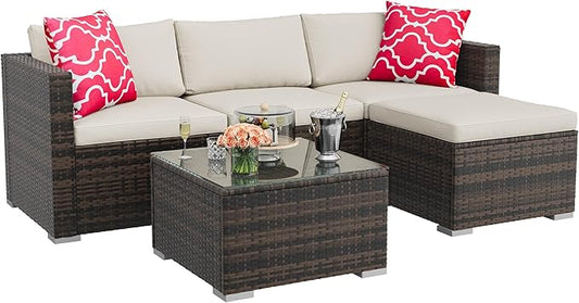 GAOMON 5-Piece All-Weather Patio Furniture Set, Convertible Outdoor Sectional Sofa with Ottoman & Tempered Glass Table, PE Rattan Conversation Set for Garden, Backyard, Porch, Poolside