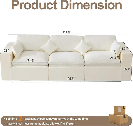 115''Cloud Boneless Sectional Couch, Modular Sectional Sofa Deep Seat, Oversized Upholstered Convertible Comfy 3 Seater Chenille Memory Foam Sofa Couches for Living Room, Beige