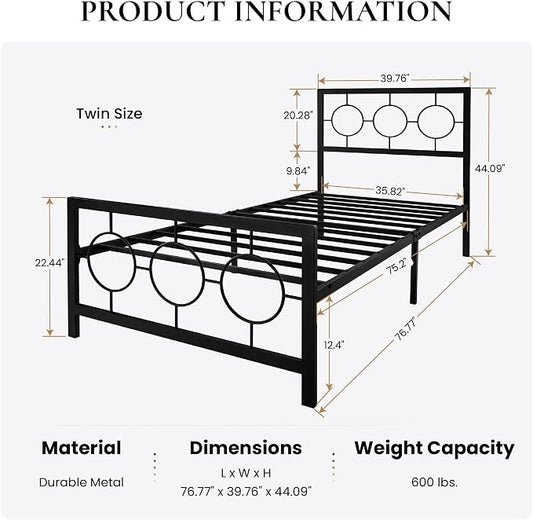 SHA CERLIN Twin Metal Bed Frame with Vintage Circular Design Headboard and Footboard,No Box Spring Required,Easy Assembly,Noise-Free,Black