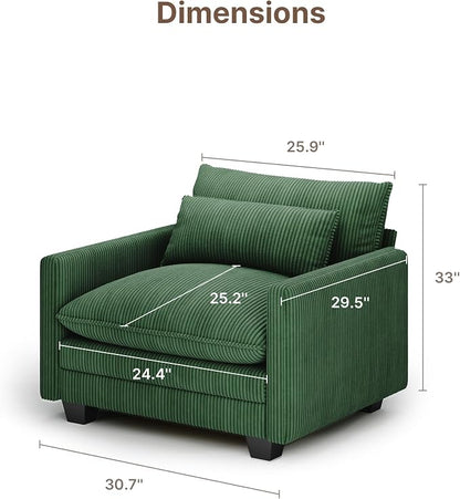 Gizoon Cloud Accent Chair with Washable Cover, Corduroy Single Sofa Chair with Comfy Deep Seat, Modern Armchair with Pillow for Living Room Bedroom, Green