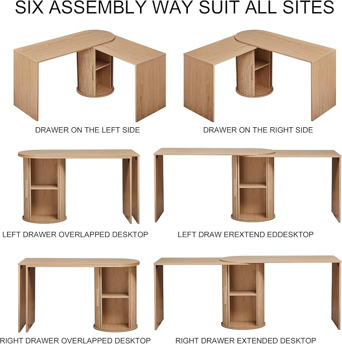 Fluted Computer PC Desk Table with Storage, Boho Corner L Shaped Desk with Storage for Small Space, Modern Home Office Desk for Bedroom, for Writing, Executive, Study, Work - Natural