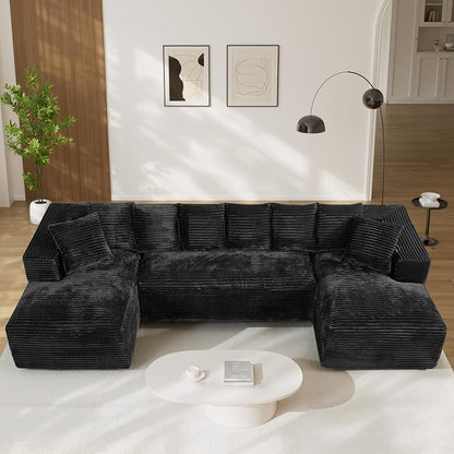 131" Oversized U Shaped Cloud Sectional Couches for Living Room, Comfy Fluffy Corduroy Black Boneless Sectionals Couch, Plush Memory Foam Modular Sectional Sofa with Chaise- 19" Seat Height