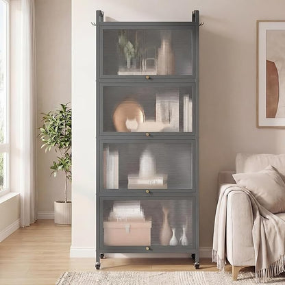 Giantex 5-Tier Kitchen Storage Cabinet, Freestanding Metal Pantry Cabinet w/ 4 Flip-up PC Doors, 4 Hooks & Adjustable Feet, 60” Tall Bakers Rack Microwave Stand for Dining Room, Living Room, Grey