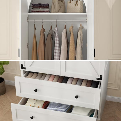 Gyfimoie White Armoire Wardrobe Closet with 2 Drawers, 74.8" Wooden Wardrobe with 2 Doors, Freestanding Closet Armoire Cabinet with Hanging Rack, Clothing Storage Cabinet for Bedroom (White)