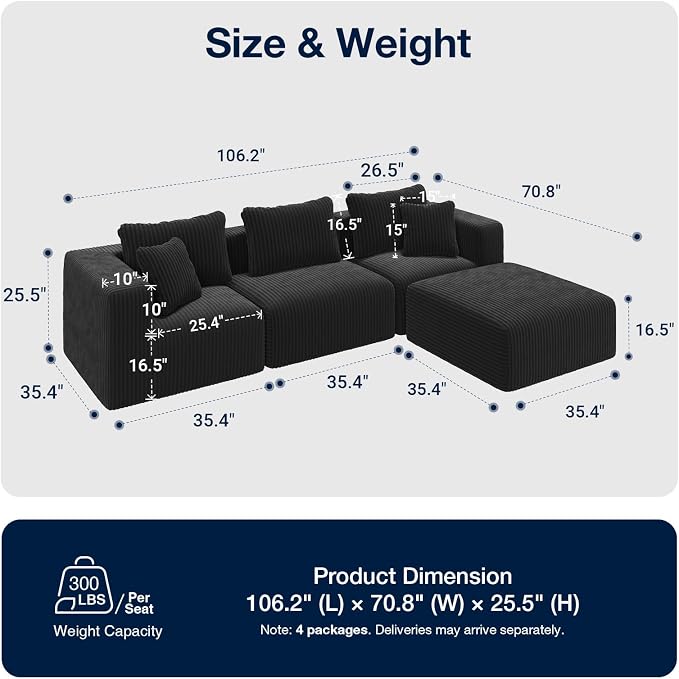 Avenco 106” L-Shaped Modular Sectional Sofa Couch with Ottoman, Individually Wrapped Coil Support & Corduroy Fabric, Zero Assembly 4-Piece Set for Living Room, Black