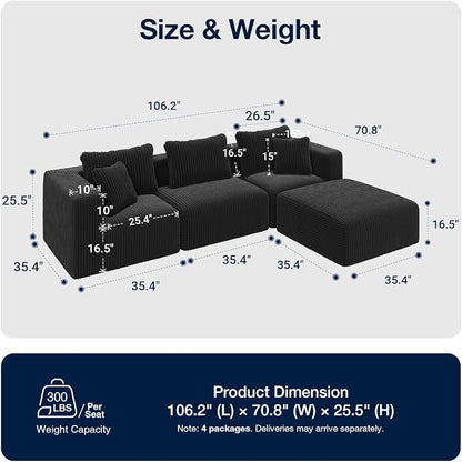 Avenco 106” L-Shaped Modular Sectional Sofa Couch with Ottoman, Individually Wrapped Coil Support & Corduroy Fabric, Zero Assembly 4-Piece Set for Living Room, Black