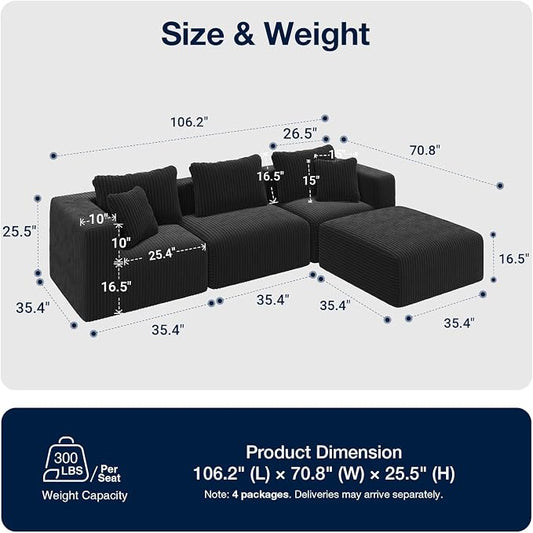 Avenco 106” L-Shaped Modular Sectional Sofa Couch with Ottoman, Individually Wrapped Coil Support & Corduroy Fabric, Zero Assembly 4-Piece Set for Living Room, Black