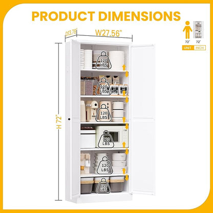 72" Metal Storage Cabinet, Large Capacity Pantry Cabinet with 6-Tier, Kitchen Storage Cabinet with 2 Doors and 5 Adjustable Shelves for Home, Kitchen, Dining, Living Room (White)