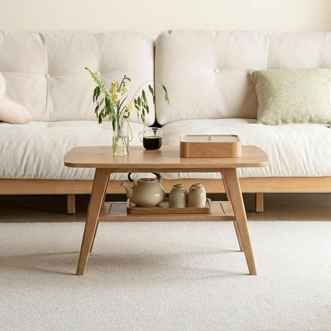 Small Coffee Table for Living Room, 2-Tier Mid Century Modern Small Tables with Shelf Storage, Storage Coffee Table with Rounded Corners (Solid Oak Wood Log Color, 31.5'' L)