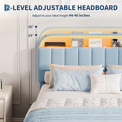Garvee Twin XL Size Bed Frame with 2 Flexible Drawers, Upholstered Platform Bed Frame with Bookcase Headboard and LED Lights, Kids Bed for Boys, Easy Assembly, Noise Free, Blue
