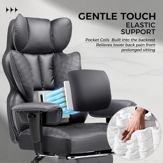 GTPLAYER Big and Tall Gaming Chair 400lbs Heavy Duty Office Chair with Foot Rest & Ergonomic Pocket Spring Lumbar Support, High Back 3D Saddle Shaped Cushion for Back Pain Relief, Grey