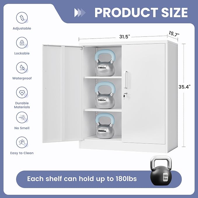 36" H Metal Storage Cabinet, Locked Cabinet with 2 Adjustable Shelves and Doors, Small Metal Tool Cabinet, Garage Storage Cabinet for Home Office, Garage, School, Apartment Warehouse